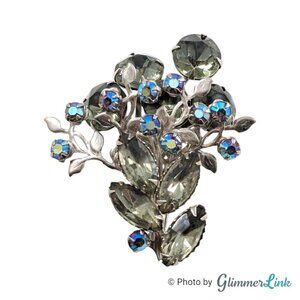Vintage Smoky Gray AB Aurora Borealis Floral Spray Layered Silver Tone Brooch